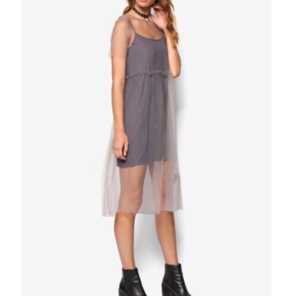 NEW Grey Mesh Overlay Dress - Picture 2 of 6